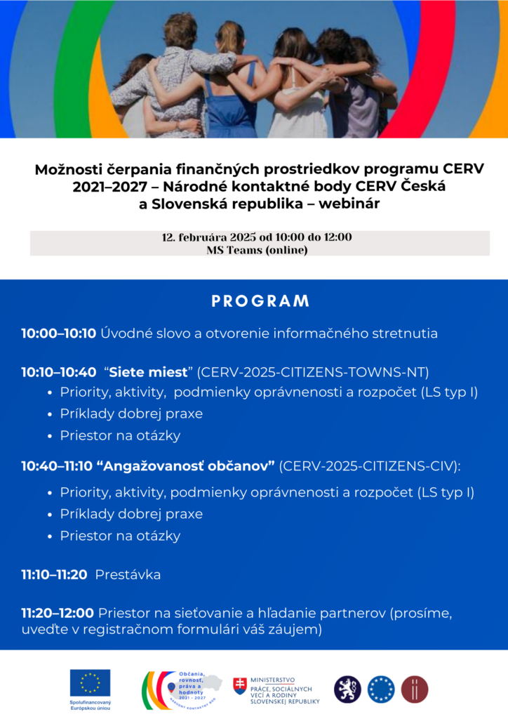 Program webinára - Možnosti čerpania finančných prostriedkov programu CERV 2021 - 2027